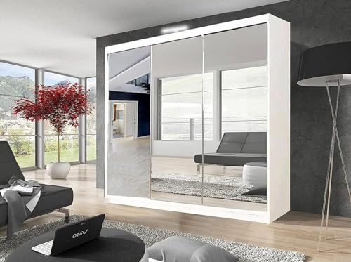 EVIL GSW Bedroom Furniture Modern Double Mirror Sliding Door Wardrobe With Hanging Rail, Shelves And LED Light. (250cm, White)