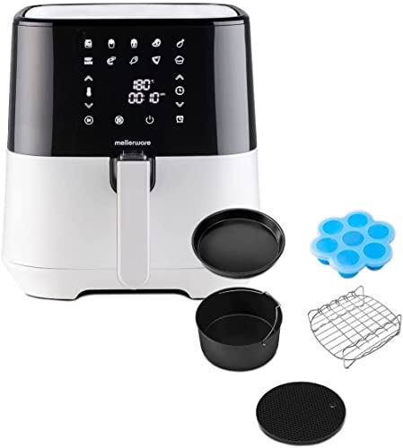 Mellerware - Pack Friggitrice ad aria Crunchy! Plus XL + 5 accessori | 5,5 L | 10 Programmi | Air Fryer 80-200 ºC | Tortiera, Teglia Pizza, Stampo Muffin, Griglia Spiedini, Sottopentola | Bianco