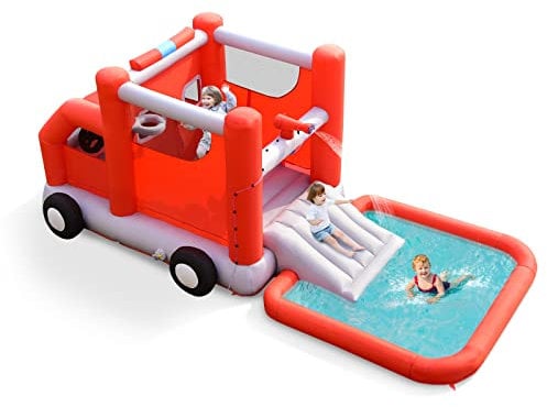 GYMAX Kids Bouncy Castle with Slide, Pool, Jumping Area, Fire Truck Toy Cab, Basketball Hoop and Carrying Bag, Outdoor Inflatable Bounce House for Children (without Blower)
