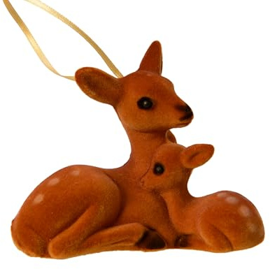 Kaemingk Christbaumschmuck Kunststoff 9cm - REH mit Rehkitz Figur zum Aufhängen - bruchfest - Weihnachtsbaum Anhänger für Weihnachten - Christbaumanhänger & Weihnachtsbaumschmuck - Wald Tiere Braun