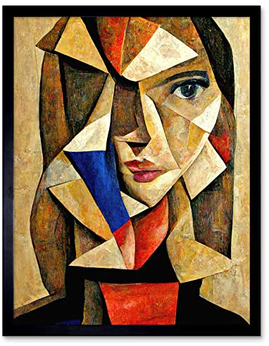 Doppelganger33 LTD Painting Cubism Style Portrait Of Young Woman Beige And Brown Art Print Framed Poster Wall Decor 12x16 inch