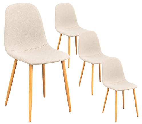 FurnitureR Minimalistischer, gepolsterter Esszimmerstuhl aus Leinen, 4er-Set, kleine Küche, platzsparender Beistellstuhl ohne Armlehnen. Hoher Rücksitz mit Metallbein aus Heller Eiche, Beige
