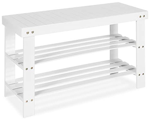 COSTWAY Bamboo Shoe Storage Bench, 3-Tier Shoe Rack Stand Seater, Shoes Organizer Storage Shelf for Entryway, Hallway and Living Room, 70 x 28 x 45cm (White)