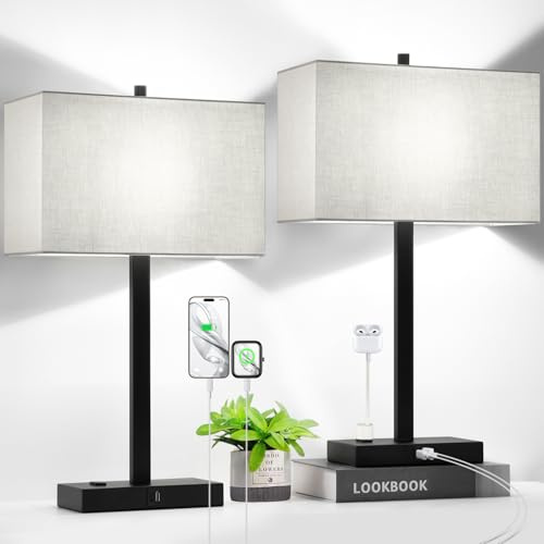 21 Touch Bedside lamps with 2 USB & AC Outlets, 3-Way Dimmable Bedside Table Lamps Set of 2 for Bedroom Living Room Office Reading, Gray Shade Lamps for Night Stands, 5000K LED Bulbs Included