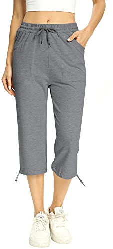 Totatuit Pantaloni Capri Donna Estivi Pantaloni Sportivi Donna Pantaloni 3/4 Donna Cotone Regolabile con Tasca Pantaloni Pinocchietto Cropped Estivo Donna Pinocchietti Donna Grigio S