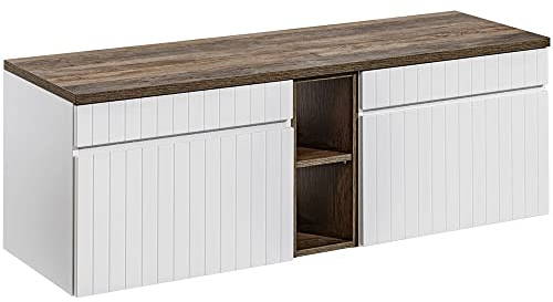 Lomadox Badmöbel Doppel Waschtischunterschrank 140cm mit Regal und Softclose Auszüge in weiß matt mit Vintage Eiche Nb., B/H/T ca. 140,4/48,5/46 cm