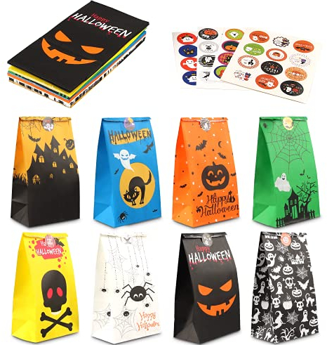 40 Stück Halloween Papiertüten, Halloween Party Geschenktüten, Halloween Tüten für Süßigkeiten, Halloween Candy Tüten, Halloween Geschenktüten Papier mit Aufkleber, für Geburtstag Party Halloween
