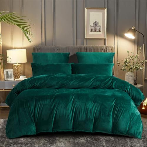 DXHOME Coral Fleece Winter Bettwäsche 155x220cm Grün Dunkelgrün Warme Plüsch Flauschig Kuschelig Cashmere Touch Bettbezug mit Reißverschluss und 2 Kissenbezüge 80 x 80cm