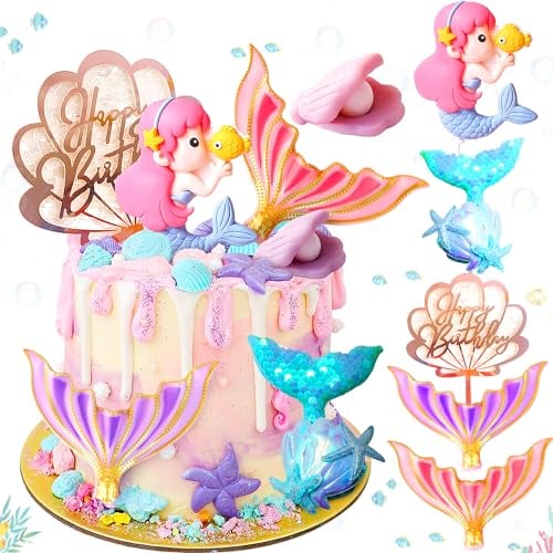 JeVenis Mermaid Tortendeko Meerjungfrau Kuchen Dekoration Kugel Palmblätter Kuchendekoration Tortendeko Blumen