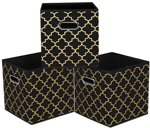 HEAYEEG Black Foldable Storage Cubes Bins, Fabric Storage Box Cubes Organizer Baskets with Dual Handles for Home Organizer,Set of 3,(Black Gold)