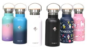 RAIKOU Edelstahl Trinkflasche |Vakuumisolierte Wasserflasche|Auslaufsichere Sportflasche mit 2Deckel|Thermoflasche |Heiß & Kalt | Standard Öffnung Schwarz (350ml, Grün/Pink/Lavendel)