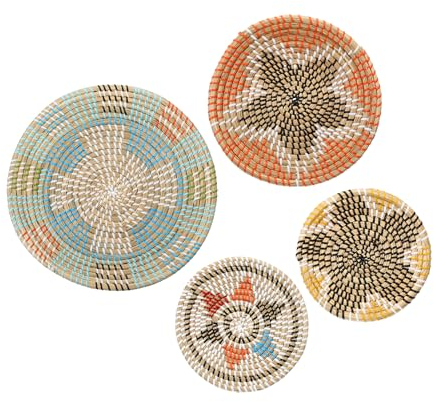 sourcing map Cestas para Decoración de Pared, Conjunto de Decoración Bohemias de Pared de Paja, Colgante Cesta de Pared Tejida Colgante, Decoración de Pared de Mimbre (4 Piezas)