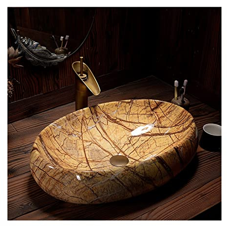 GLigeT Lavabo Vasque à Poser Lavabo de comptoir Ovale en céramique, Motif marbre, lavabo de Salle de Bains, lavabo Domestique, lavabo Simple Lavabo Salle de Bain