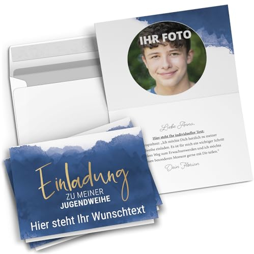 10 personalisierte Jugendweihe Einladungskarten mit eigenem Text und Foto - Aquarell Look Blau Jungen - Einladungen mit Umschlägen