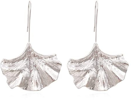 Ginkgo Leaf Earrings, Gold Ginkgo Leaf Statement Dangle Earrings for Women, Bohemian Tree Leaf Earrings, Fan-shaped Earrings Ginkgo Leaf Boho Jewelry, Silver Ginkgo Leaf Flower Earrings (Silver)