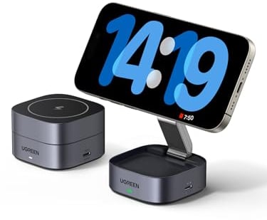 UGREEN MagFlow Cargador Inalámbrico 2 en 1, Estación de Carga Magnética, Compatible con iPhone 16/15/14/13/12 Series, AirPods Pro 2/3