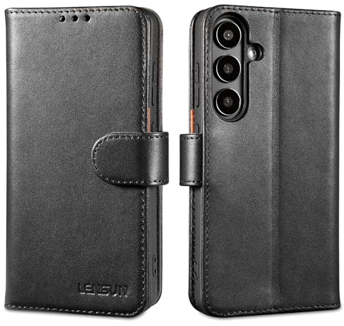 LENSUN Echtleder Hülle für Samsung Galaxy S24, Handyhülle [Echtes Leder] [Kartenfach] [RFID Schutz] Lederhülle Flip Handytasche für Samsung Galaxy S24 5G - Schwarz