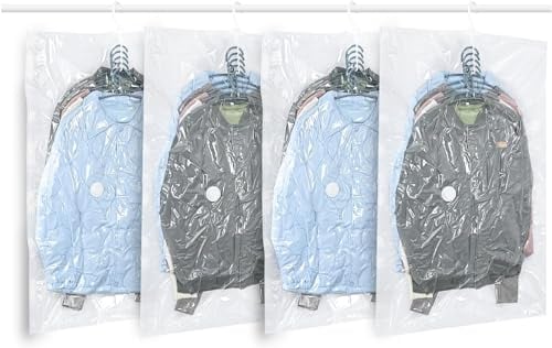 Hanging Vacuum Storage Bags, ZWMYF 4 PCS Space-saving Vacuum Bag for Clothes, Suits, Dresses, Coats or Jackets, Clear & Reusable Closet Organizer 105x70cm