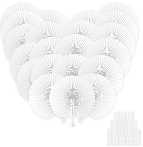 Yumucute Wedding Hand Fan White Folding Fan Pack of 24 Wedding Paper Fans Wedding Decoration Wedding Summer Guest Gift Table Decoration Vintage Gift (Round)
