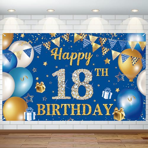 18. Geburtstag Party Dekoration Geburtstag Hintergrund Banner Deko 18 Geburtstag Jungen Mädchen Extra Große Blau Gold Geburtstag Banner Dekoration für Damen Geburtstag Party Supplies Foto Prop