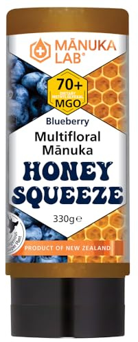 Manuka Lab Manuka Honey Squeeze Bottle 70+ MGO, 330g, Blueberry | Manuka honey in a squeezy bottle graded 70+ MGO, ideal for drizzling over toast and yoghurt, or stirring into tea.