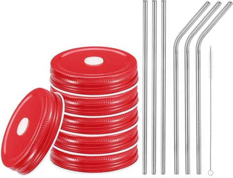 sourcing map 13 tapas de acero inoxidable con agujero para popote, tapa de metal de 70 mm, tapas de almacenamiento Mason con anillo de silicona/pajitas/cepillo de limpieza, color rojo