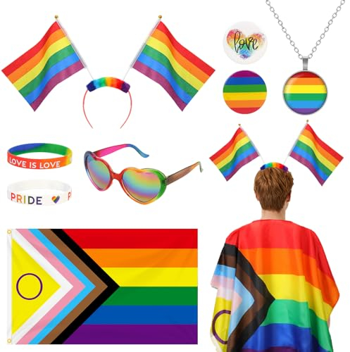 XEPST LGBTQ Gay Pride Zubehör - 8 STÜCK Gay Pride Cape Set mit Regenbogenflagge Cape Regenbogen Stirnband Pride Sonnenbrille Pride Armbänder Pride Broschen für Gay Pride Events Pride Month Paraden