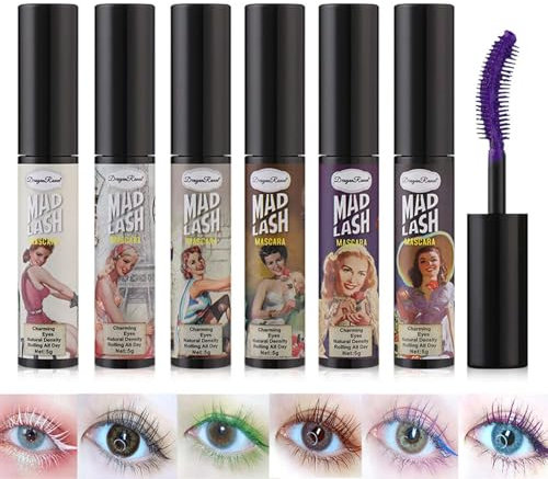 EONFAVE Bunte Mascara Set, 6 Farbe 3D Wimperntusche Wasserfest, Colorful Wimperntusche Volumizing & Curling Mascara, Langlebige, Natürliche Locken, für Weihnachten, Halloween, Party, Hochzeiten