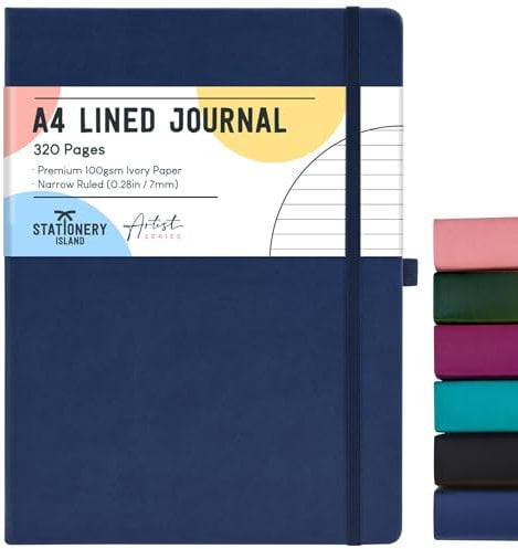 STATIONERY ISLAND A4 liniertes Notizbuch, 320 Seiten dickes iniertes Tagebuch, Hardcover mit 100 g/m² zum Schreiben, Arbeiten, Lernen, Tagebuch, Blaubeere
