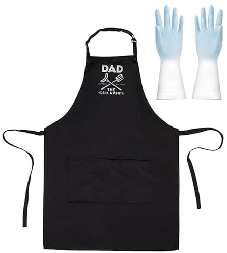 BSITSSS Grembiule Barbecue Uomo con Guanti Gomma, Grembiule Bbq Impermeabile, Grembiule da Barbecue Regolabile Divertenti, Grembiuli da Cucina con 3 Tasche, Grembiule Papa Chef Regalo