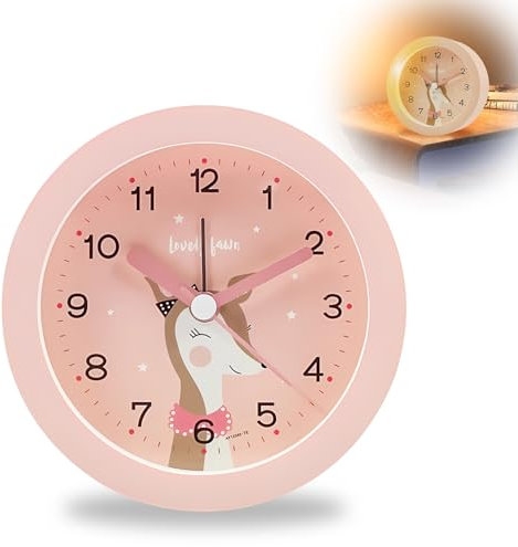 Idota Kinder Wecker, Wecker Kinder Ohne Ticken Niedlicher Cartoon Wecker mit Nachtlicht Wecker Analog mit Sanfter Alarm Kinderwecker für Schulanfänger Batteriebetriebene (Ohne Akku) - Rosa Hirsch