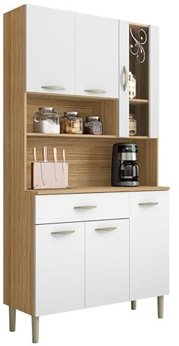 ACTUAL DIFFUSION Buffet de Cuisine 6 Portes 1 Tiroir Chêne et Blanc L 90.9 H 173.5 P 36.3 cm