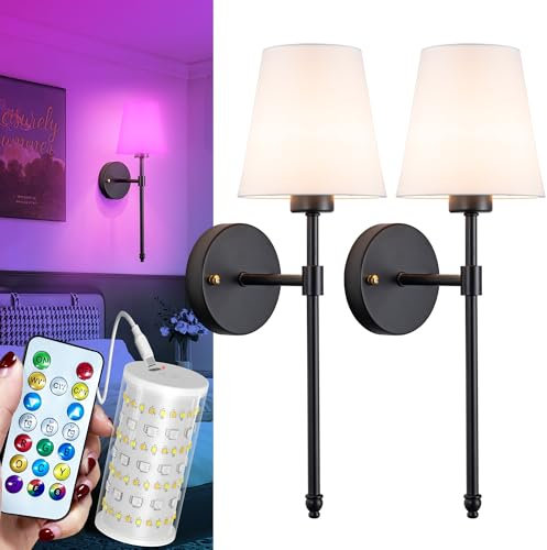 SHYFLEMP Battery Operated Wall Sconce With Remote Control, 10000mAh Detachable Rechargeable Lighting Up to 60 Hrs, RGB Dimmable Wireless Set of Two for Living Room Hallway