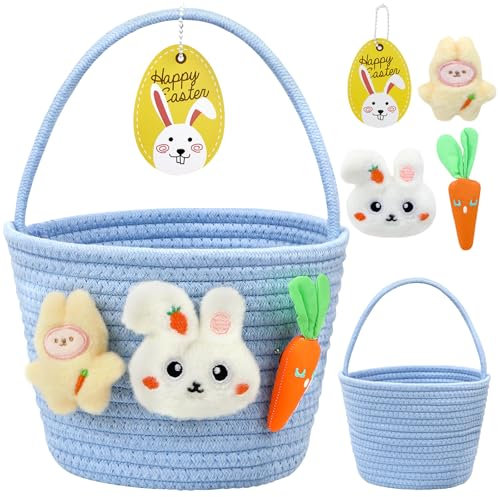 ZIOSINM Osterkörbchen, Osterkorb Kinder mit Henkel, Osternester zum Befüllen, Osternest Baumwollseil-Osterkörbchen, Kommt mit Drei Plüschpuppen und Dekorativer Karte (Blau)