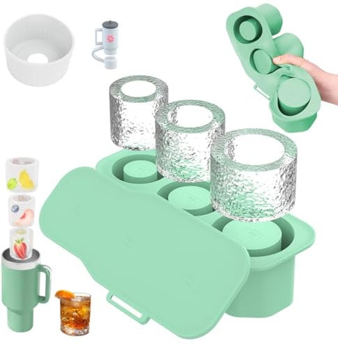 Cartlant Ice Cube Tray for Stanley 20 30 40oz with Lid, Boot, Staw Cover, Silicone 3 Hollow Cylinder Ice Mold Tumbler Freezer Ice Mould for Stanley Cup Accessories Chilling Cocktails Whiskey Drink