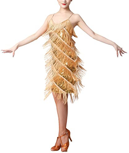 FYMNSI Damen Gl�nzende Pailletten Kleider Mit Quaste V-Ausschnitt Latein Tanzkleid Fransenkleid Partykleid Samba Tango Latin Salsa ChaCha Kleid 1920er Jahre Flapper Kost�me Wettbewerb Gold XL