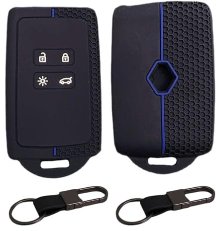 Amazleer Lot de 2 Housses en Silicone pour Clé de Voiture Compatibles avec Clio, Mégane, Kadjar, Koleos, Kangoo, Talisman, Captur, Space, Dacia Duster Avec 2 Anneaux Porte-clés (noir bleu)