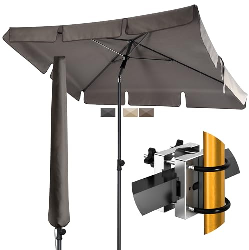 Menz Sonnenschirm Balkon - 3-IN-1 Sonnenschutz Balkon SET in Taupe, UPF 50+ Sonnenschirm rechteckig 200 x 125cm + Metall Sonnenschirmhalter Balkongeländer + Sonnenschirmhülle