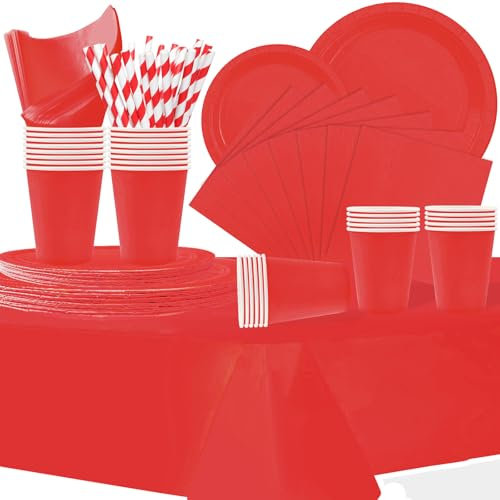 COLANANA Party Supplies,Red Birthday Decorations Party Tableware Set Contain Plates Cups Napkins Paper Straws Tablecloth for Birthday Baby Shower Wedding Partys Anniversary(16 Guests)