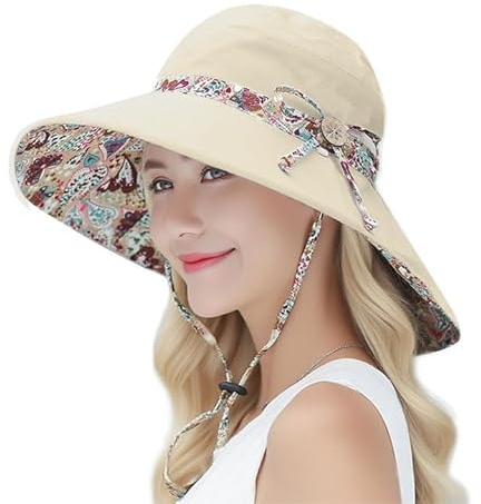 TUONYIS Anti UV Chapeau de Soleil Femme, Chapeau Double Face d'été de Jardinage Chapeau, Large Bord Pliable Réglable Casquette Visière pour Camping Plage Trekking Pêche (Beige)