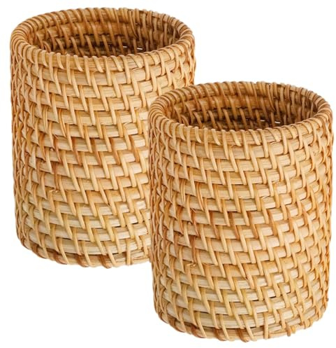 JUUDDENPARTS 2 PCS Pen Holders, Handmade Rattan, Pen Pots for Desk, Pencil Holder, Multi-functional Wooden Desktop Storage for Office, Classroom and Dressing Table (2)