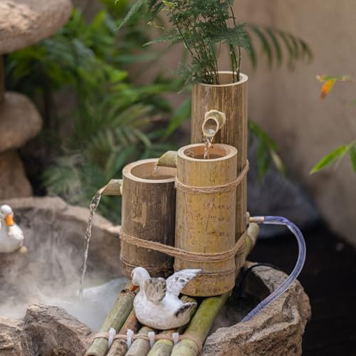 sunbiaouk Fontaine à Eau en Bambou avec Pompe Solaire, Fontaine d'extérieur, Fontaine Zen d'intérieur/extérieur à Monter soi-même, pour étangs et Jardins Aquatiques(60CM)