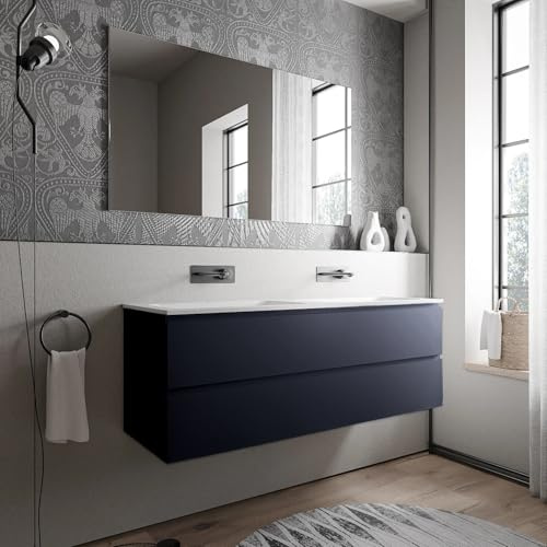 BERNSTEIN - Doppelwaschbecken zum Aufhängen, Badezimmer, MDF, Dunkelblau, matt, 2 Waschbecken, Mineralguss, matt, ohne Hahnloch, 140 x 46 x 50 cm – AVA Cream