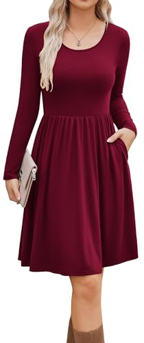 Zeagoo Womens Long Sleeve Casual Plain Swing Dresses A-Line Midi Short T-Shirt Dress with Pockets Wine Red