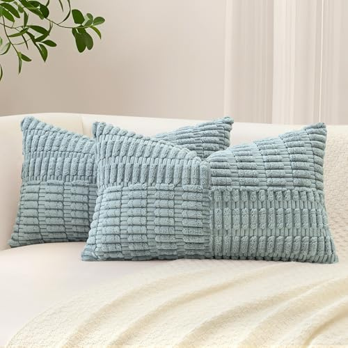 Sungeek 2er Set Cord Kissenbezüge, Kreuz Streifen Muster Kordsamt Kissenbezug Sofakissen Dekokissen Patchwork Design Boho Zierkissenbezüge Deko Kissenhülle für Wohnzimmer (40x60cm, Grau)