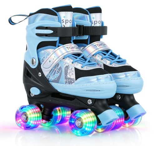 TOMSHOO Patins à roulettes pour Enfants Garçons et Filles Réglable 4 Roues Roller Enfant et Adolescents avec Roues Lumineuses, Bleu et Noir Patins à roulettes Quad pour Le Sport