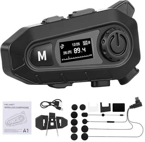 GEARMONSTER A1 Motorrad Headset, Bluetooth 5.4, Helm-Headset für Musik und Naviansagen, freihändige Anrufe, Sprachassistent, HD-Lautsprecher, CVC-Geräuschunterdrückung, FM-Radio, LCD-Display, 1 Stück