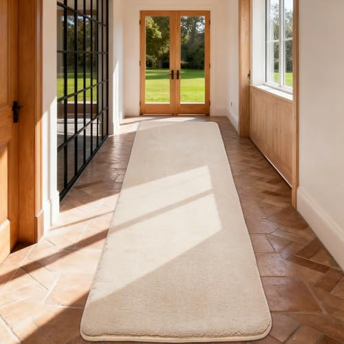 Teppich Läufer Flauschiger Kurzflor, Wohnzimmerteppich, 80X200, Beige | Wohnzimmerteppich Einfarbiges Flur Modern Weich Teppiche für Bettvorleger Matte/Deko/Schlafzimmer/Kinderzimmer