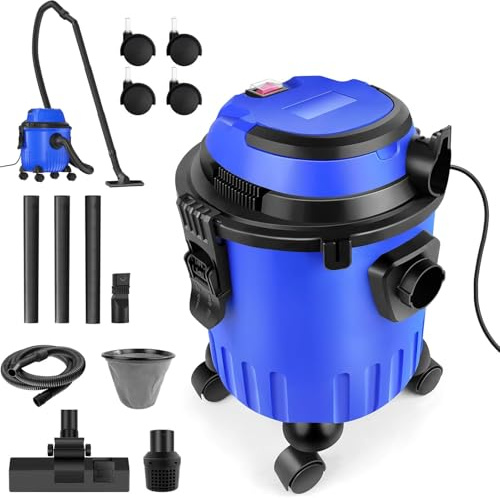 15L Industrial Wet Dry Vacuum Cleaner with 4 Caster Wheels, 2000W Motor Professional Electric Wet Dry Vac, Bagless, 19000pa Powerful Suction, Vacuum Dust Extractor for Home Floors Garage Car Cleaning