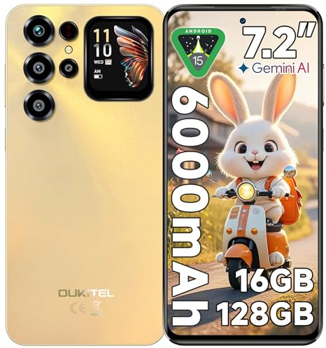 OUKITEL C68 Plus Smartphone ohne Vertrag - 7,2 120Hz Display mit 1,81 Rückbildschirm, 6000mAh 64MP+8MP Handy, 16GB+128GB/1TB Handy ohne Vertrag, Android 15 Simlockfreie Handys Dual SIM/Face ID, Gold
